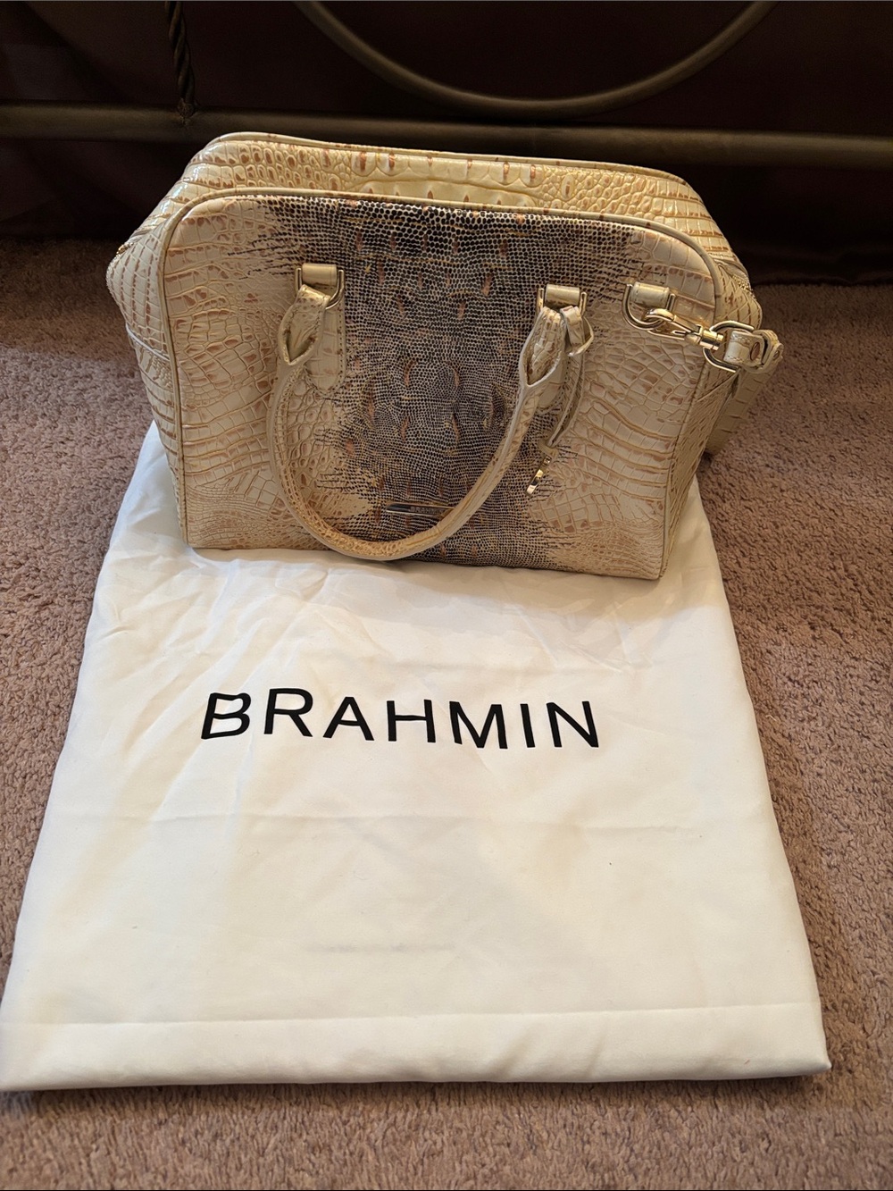 Brahmin Cream and Metallic Gold Croc-Embossed Satchel with Shoulder Strap